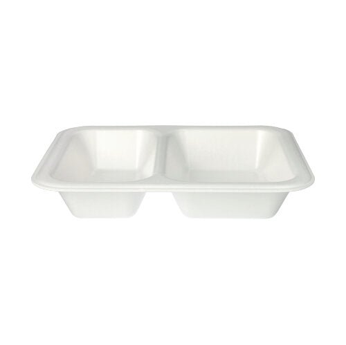 The Starpak 100 seal trays, a white, rectangular XPS food tray with two compartments and a laminated surface from Starpak, are presented against a plain white background.