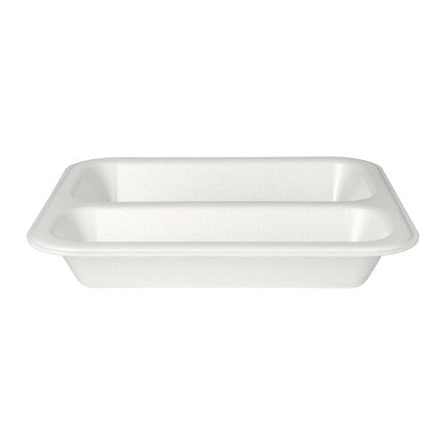 The Starpak 100 seal trays are white, rectangular food trays made of XPS foam with two compartments and a laminated surface, depicted on a plain white background.