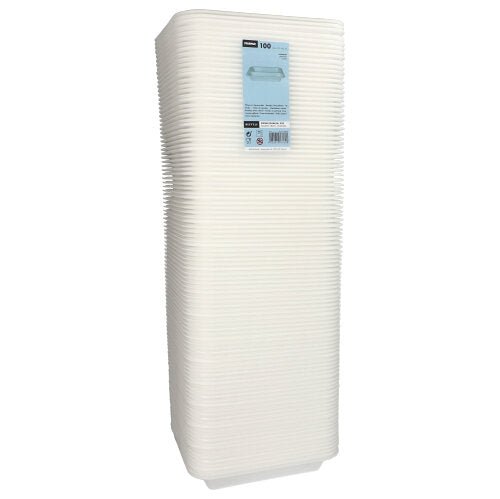 A vertical stack of Starpak 100 seal trays XPS 2-divided white laminated, made of lightweight foam, with a product label on the top tray.