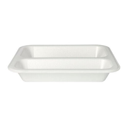 The Starpak 100 seal trays are a white, rectangular disposable food tray from Starpak made of XPS with a laminated surface and two compartments.