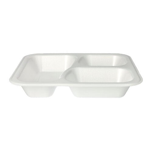 The Starpak 100 sealing trays are white, laminated XPS food trays with three compartments (925 ml, 4.2 x 21.2 x 25 cm), ideal for separating food. Delivered in a pack of 100 in a foil bag.