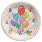 The PAPSTAR 50 plates, round cardboard Ø 23 cm from PAPSTAR GmbH features a colorful balloon design with gifts and confetti - perfect for parties and an eco-friendly alternative to traditional plates.