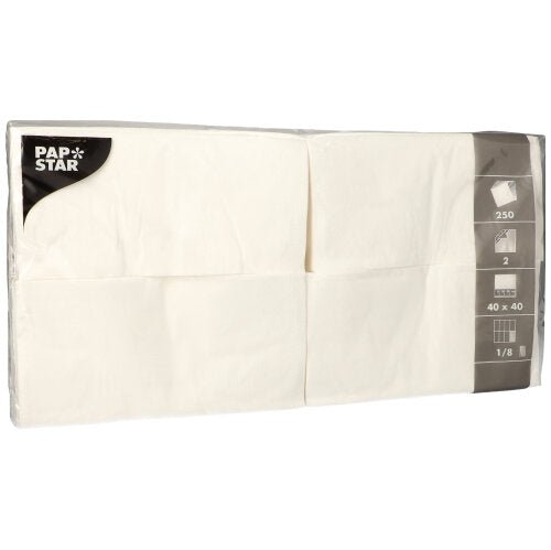 A package of 250 PAPSTAR GmbH Napkins, 1/8-fold, white, 2-ply, 40x40 cm, wrapped in plastic wrap with product information and pictograms printed on the side.