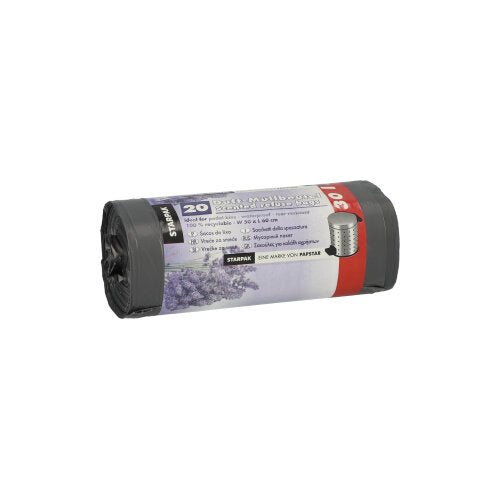 A roll of Starpak 20 garbage bags made of LDPE, gray with lavender scent (30 l, 60x50 cm), contains 20 scented bags per package. The label shows product details and a lavender image.