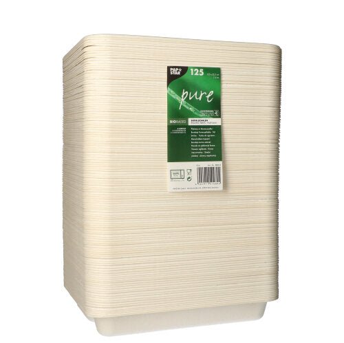 Shown is a stack of 125 PAPSTAR 3-compartment sugarcane seal bowls from the brand PAPSTAR GmbH, neatly stacked with a green label on a white background. The bowls are beige and biodegradable.