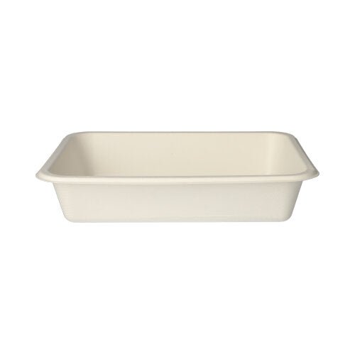The PAPSTAR 125 sealable trays by PAPSTAR GmbH are rectangular, cream-colored food trays made of sugarcane with angled sides – perfect for eco-friendly packaging.