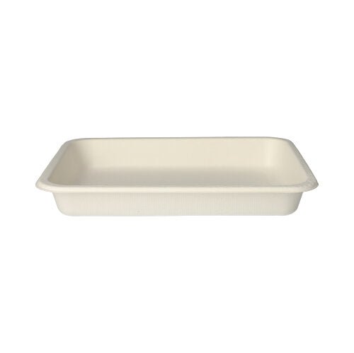 The PAPSTAR 125 sealable trays made of sugarcane by PAPSTAR GmbH are rectangular, flat, cream-colored disposable trays with rounded corners – an eco-friendly packaging for sustainable enjoyment.