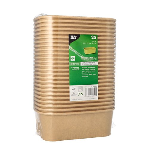 A bundle of 25 PAPSTAR packaging cups, rectangular and brown made of cardboard, is plastic-wrapped and features a green label with information and symbols for bio-based, sustainable materials from PAPSTAR GmbH.