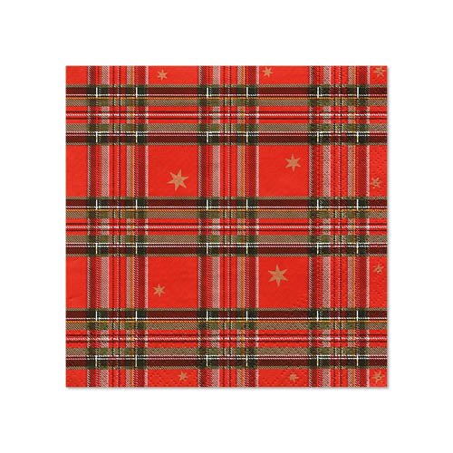 The red, 3-ply PAPSTAR napkin (25 x 25 cm, 1/4-fold) of PAPSTAR GmbH features a checkered pattern of green, white, and black lines with evenly distributed small golden stars. The pack contains 20 napkins.