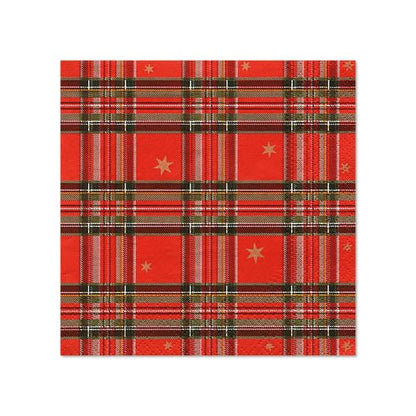 The red, 3-ply PAPSTAR napkin (25 x 25 cm, 1/4-fold) of PAPSTAR GmbH features a checkered pattern of green, white, and black lines with evenly distributed small golden stars. The pack contains 20 napkins.