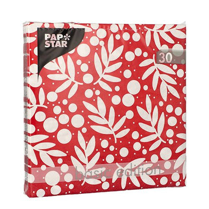 A pack of 30 PAPSTAR 3-ply napkins (33x33 cm, 1/4 fold) from PAPSTAR GmbH, with a red background with white leaves and dots and the inscription "Basic Edition" in the lower right corner.