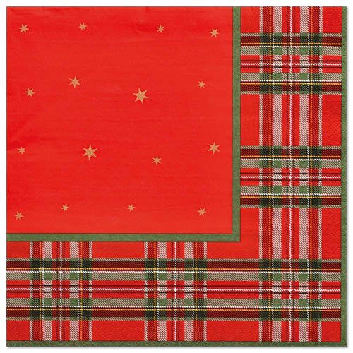 PAPSTAR 20 napkins, 40x40 cm, 3-ply, by PAPSTAR GmbH: Red paper napkins with golden stars on one side and classic red-green-white checkered pattern on the other side - ideal for festive occasions.