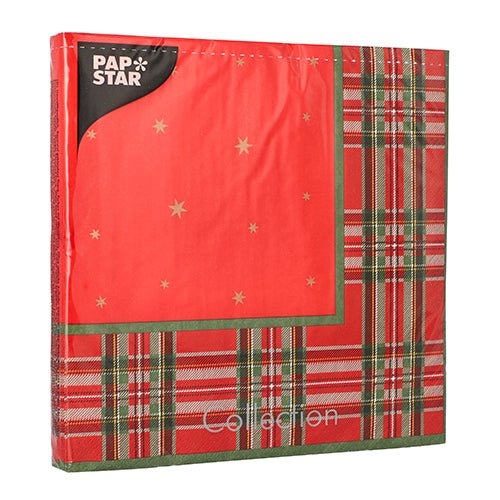 A pack of 20 PAPSTAR napkins, 40 cm x 40 cm, 3-ply, from PAPSTAR GmbH, with a red-green checkered border, solid red center with golden stars, and a "Pap Star Collection" label in the upper left corner of the packaging.