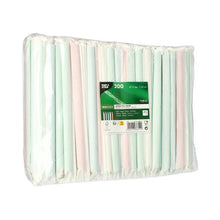 A transparent plastic packaging contains 200 PAPSTAR bubble tea paper straws (Ø12mm, 20cm), assorted in pastel colors. The label on the front shows product information and recycling symbols, making these paper straws from PAPSTAR GmbH a sustainable choice.