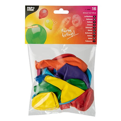 A transparent plastic bag from PAPSTAR GmbH contains 16 color-assorted balloons (Ø 25 cm) for parties. The packaging displays the "Pap Star" logo, a photo of smiling people, the text "Party feelings!" and the balloon quantity.
