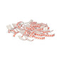 A stack of Starpak 1000 closure clips made of wire-reinforced paper in red/white (3.3 x 0.8 x 0.1 cm) reminiscent of broken fortune cookie slips with their zigzag pattern is shown isolated on a white background.