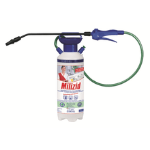 A DR.SCHNELL GmbH & Co. KGaA Dr. Schnell spray device MILIZID with foam nozzle and dosing aids (1 piece), with a long green hose, blue handle, and German product information on the bottle.