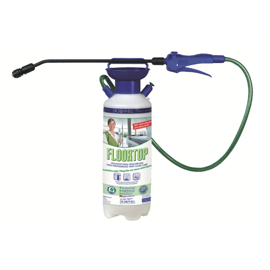 The Dr. Schnell FLOORTOP pressure sprayer with fan nozzle and dosing aids from DR.SCHNELL GmbH & Co. KGaA comes in a 1-pack with a green hose, blue handle, and German labeling with a uniform cleaning representation.
