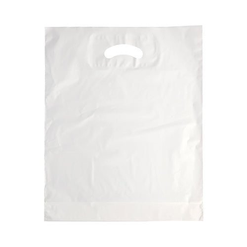 The Starpak 100 handle hole carrier bags, HDPE white, are unused, white plastic bags with a punched handle. This rectangular Starpak bag is known for its durability and functionality and was photographed against a white background.