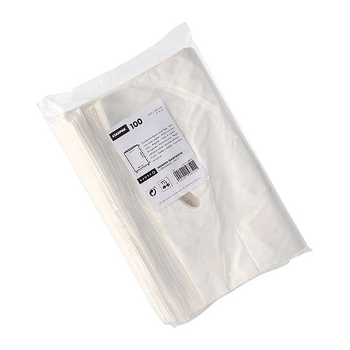 A transparent plastic package with 100 Starpak 100 handle hole carrier bags, HDPE white from Starpak, with product information, barcode, and recycling symbols on a white background.