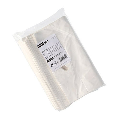 A transparent plastic package with 100 Starpak 100 handle hole carrier bags, HDPE white from Starpak, with product information, barcode, and recycling symbols on a white background.