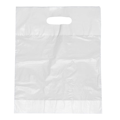 The Starpak 100 handle hole carrier bags, HDPE white by Starpak are transparent, durable rectangular bags with a punched handle, depicted empty against a plain white background.