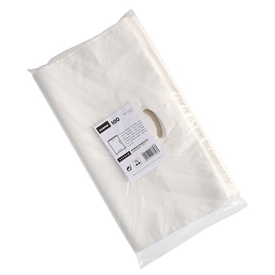 A transparent plastic packaging contains 100 white Starpak handle hole carrier bags made of HDPE. The robust bags, the handle cut-out, and the product label with barcode are visible through the packaging. Brand: Starpak.