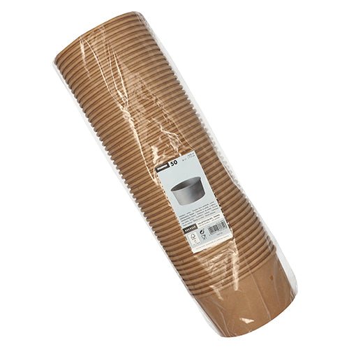 A stack of 50 Starpak salad bowls, round, brown, made of cardboard with PE coating, is plastic-wrapped and labeled with an indication of quantity and product specifications.