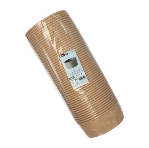Pictured is a stack of Starpak 50 salad bowls wrapped in clear foil, cardboard with PE coating, round brown, lying on the side, with a white label with product information.