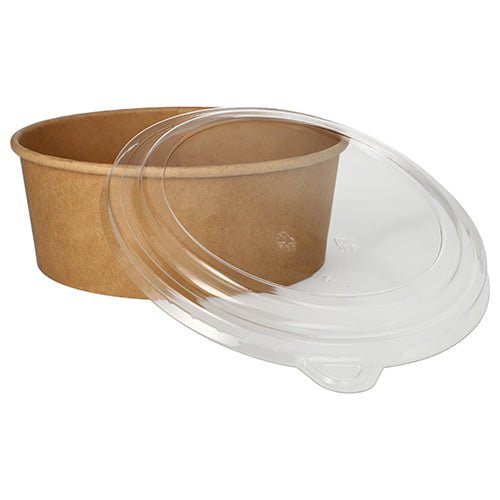 The round, brown Starpak 50 salad bowl made of cardboard with PE coating is delivered with a clear lid, which is partially set aside, revealing the open container from Starpak.
