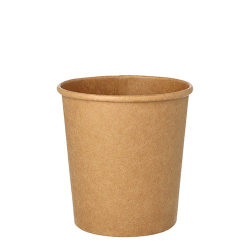 A Starpak 25 soup cup, round cardboard 470 ml, Ø 9.8 cm, brown, is depicted against a white background. The eco-friendly cup has smooth sides and a rolled rim. The set contains 25 pieces.