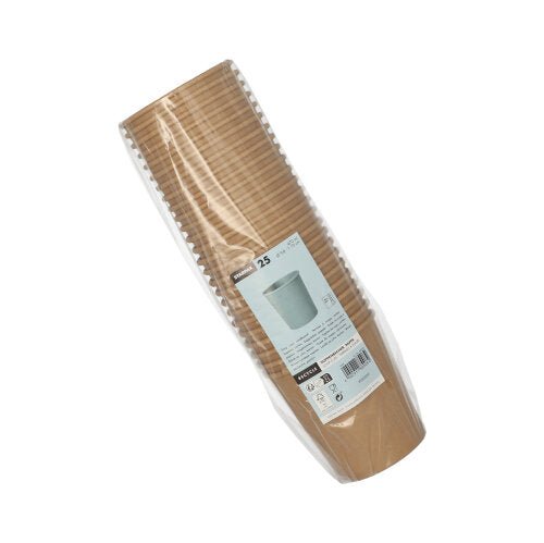 A sealed plastic package with 25 brown Starpak soup cups made of cardboard (470 ml, Ø9.8x10 cm) shows product details, a cup illustration, and usage symbols on the label.