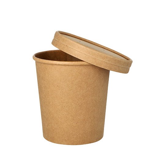 A Starpak 25 soup cup, round cardboard (470ml, Ø 9.8cm, 10cm brown) with matching lid lies at an angle on a white surface.