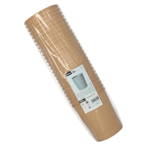 A set of 25 round brown Starpak soup cups (Ø 11.5 cm) made of cardboard in a clear bag with a white label and cup illustration – ideal for enjoying or taking away soup dishes.