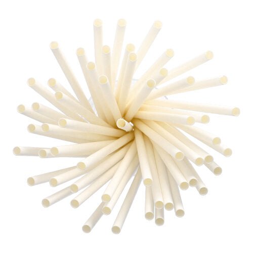A cluster of PAPSTAR shake straws paper Ø 8 mm, 25 cm (135 pieces) from PAPSTAR GmbH is arranged in a circular, radial pattern and viewed from above on a white background.