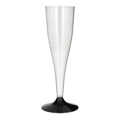 The Starpak set of 20 white wine glasses, made of crystal-clear polystyrene, stands out for its elegant design featuring a tall bowl and black stem—perfect for stylish celebrations.