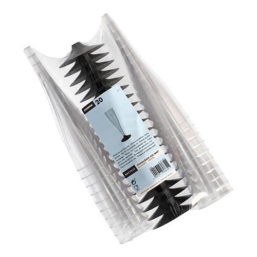 A transparent plastic package containing 20 tall, slender Starpak stemmed glasses for white wine (PS crystal clear), stacked with a white label featuring product information, a barcode, and an illustration of an elegant glass.