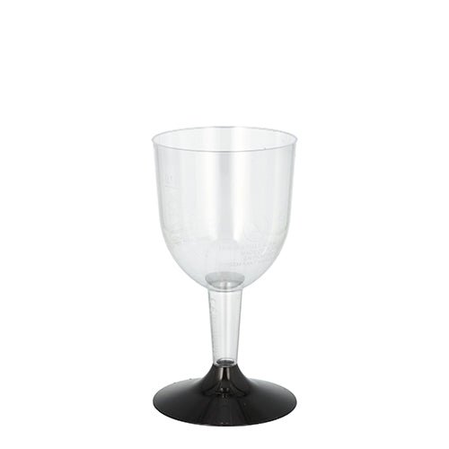 The Starpak 20 white wine stemmed glasses, made of clear polystyrene with a black stem and base, are perfect for serving white wine or other beverages in stemmed glasses for any occasion.