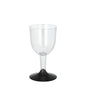 The Starpak 20 white wine stemmed glasses, made of clear polystyrene with a black stem and base, are perfect for serving white wine or other beverages in stemmed glasses for any occasion.