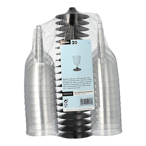 A stack of 20 Starpak white wine stemmed glasses made of clear PS is wrapped together in plastic film, featuring a light blue label that displays product information and a simple illustration of a wine glass with an elegant design.