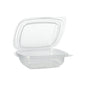 A Starpak 100 packaging cup with hinged lids, rectangular and transparent made of PP, is seen half-open against a white background.