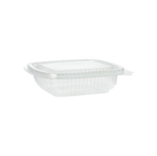 The Starpak 100 packaging cup with hinged lids, PP rectangular, transparent, is depicted from the side against a white background. This empty rectangular Starpak container features ribbed sides and a secure hinged lid.