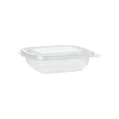 The Starpak 100 packaging cup with hinged lids, PP rectangular, transparent, is depicted from the side against a white background. This empty rectangular Starpak container features ribbed sides and a secure hinged lid.