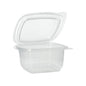 The Starpak 100 packaging cup with hinged lids, PP rectangular, transparent is open and empty depicted against a plain white background.