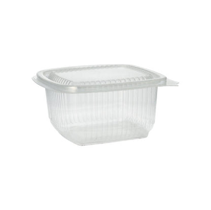 The Starpak 100 packaging cup with hinged lids, a transparent, rectangular polypropylene cup from the Starpak brand, is depicted against a white background.