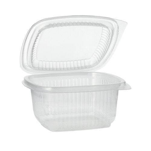 A transparent Starpak 100 packaging cup with hinged lids made of PP, rectangular, is open and stands on a white background.