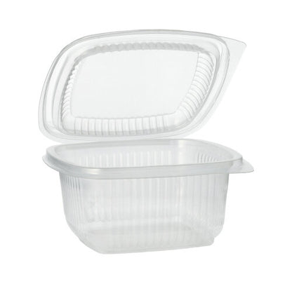 A transparent Starpak 100 packaging cup with hinged lids made of PP, rectangular, is open and stands on a white background.