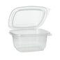 A transparent Starpak 100 packaging cup with hinged lids made of PP, rectangular, is open and stands on a white background.