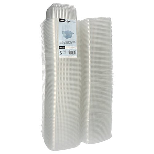 A bundle of 100 Starpak packaging cups with hinged lids, PP, rectangular, transparent, is packed in a clear packaging with a white Starpak label with black text and a barcode on top.
