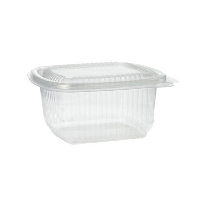 A transparent, rectangular Starpak 100 packaging cup with hinged lids (PP) is closed and empty depicted against a plain white background.